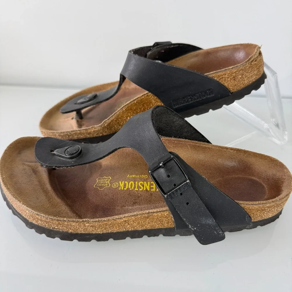 Birkenstock Gizeh Sandals Women 38 Black Birko-Flor Thong Buckle 12146